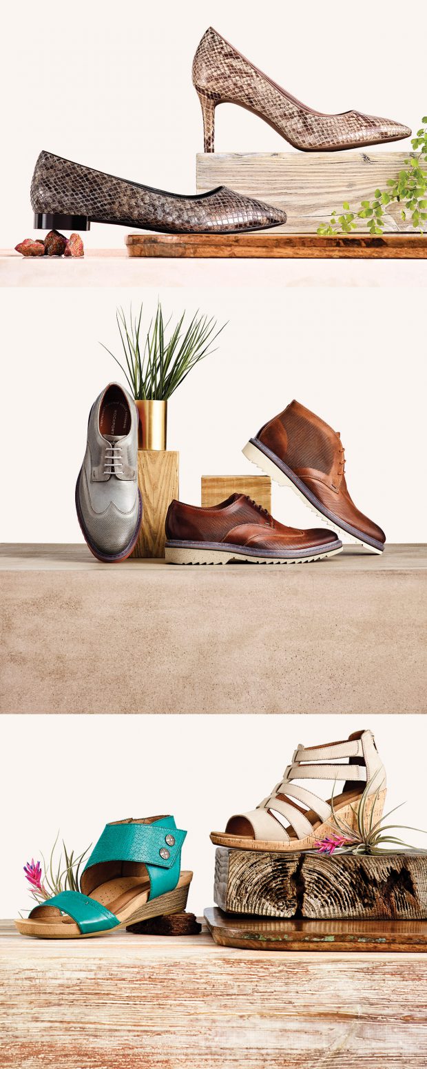 Comfort never looked so stylish: highlights of Rockport’s Spring ’17 line spanning (top to bottom) its Total Motion, Men’s Dress Casual and Cobb Hill collections. 