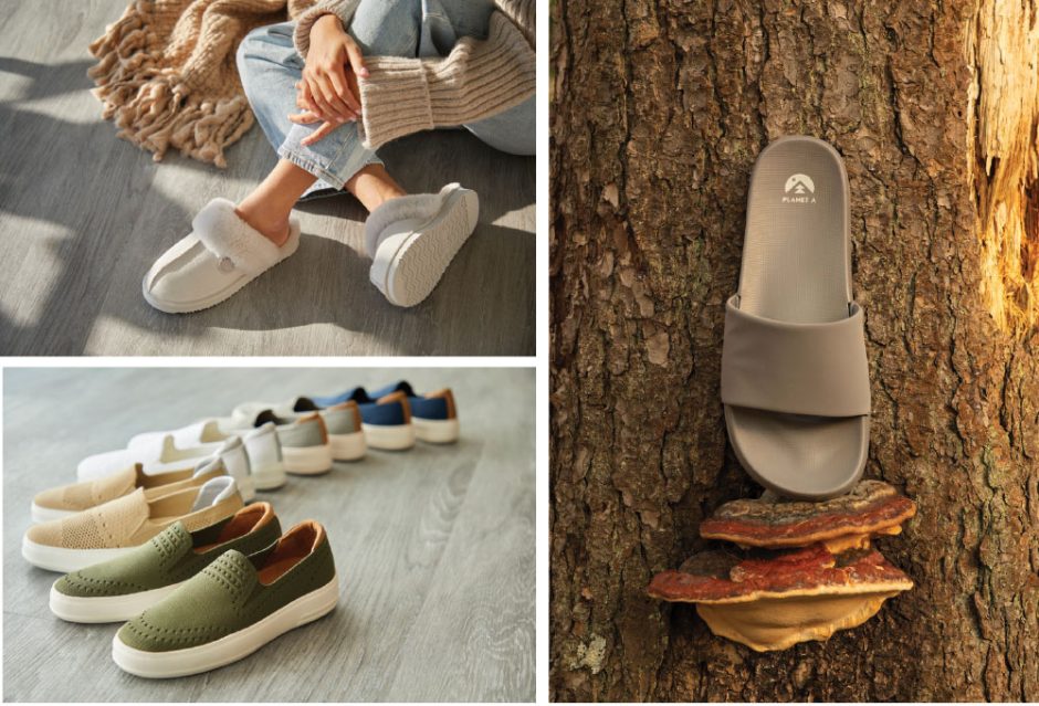 Clockwise from top left: Fireside by Dearfoams slippers are made of 100 percent Australian sheepskin; Planet A “Solo” slide features biodegradable Regnr8 material; slip-on sneakers by Dearfoams.