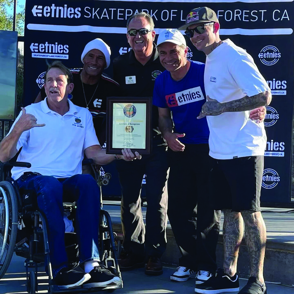 Left to right: Lake Forest Council Member Scott Voigts, pro Sean Sheffey, Mayor Doug Cirbo, Etnies CEO Pierre Andre Senizergues, and pro Ryan Sheckler.