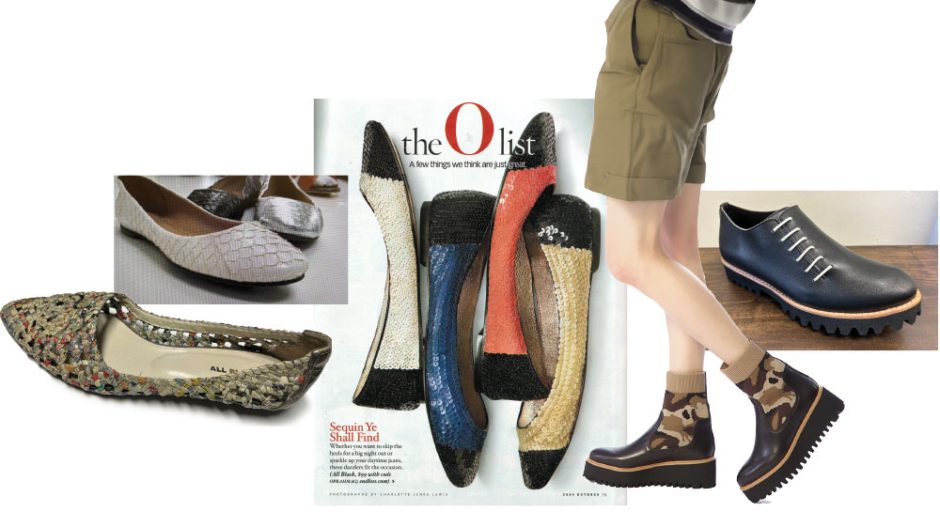 Left to right: Hot News Ballet, Fish Skin Ballet collection, Sequin Ballet styles featured in Oprah magazine, Flatform Sock boot, Side Cord oxford.