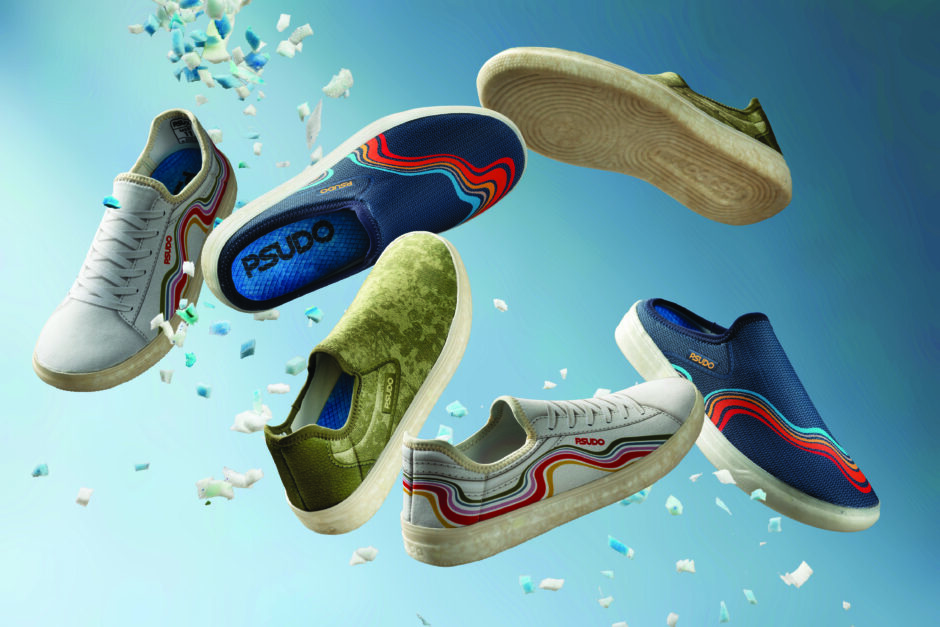 The new Psudo Blu collection features 85 percent recycled foam insoles and outsoles.    