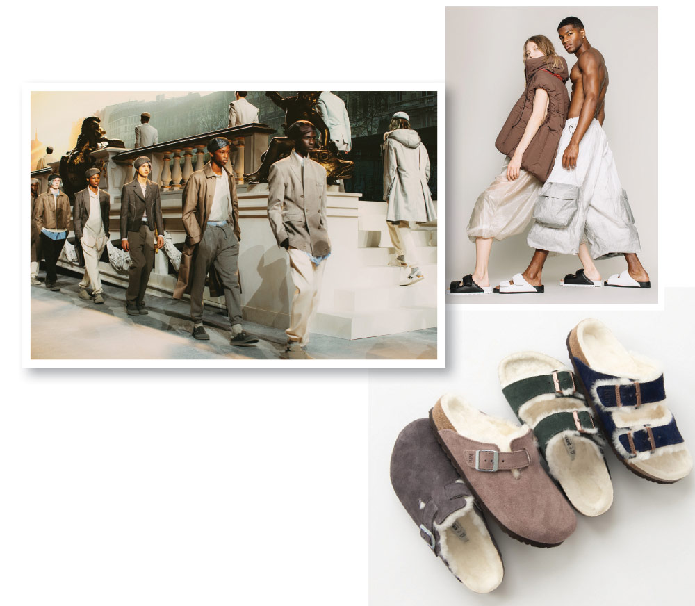 Clockwise from top left: Birkenstock goes couture; shearlng-lined classics for the cool months. 