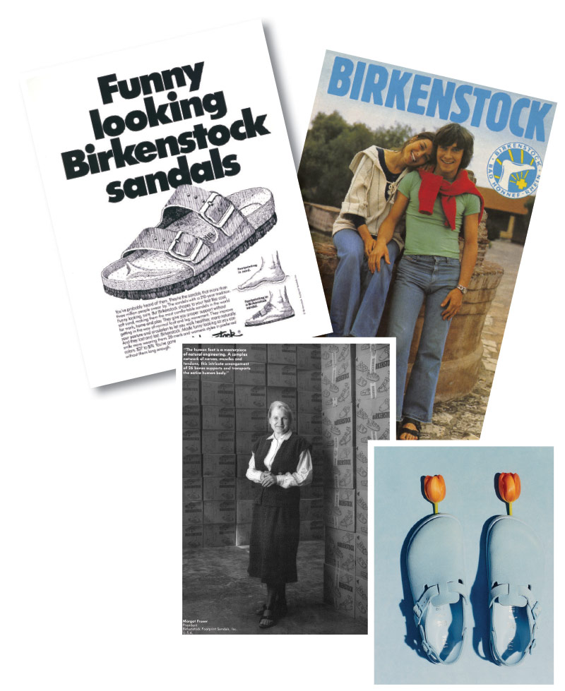 Clockwise from top: Ads from the past; Tokio clogs; U.S. Birkenstock pioneer Margot Fraser. 