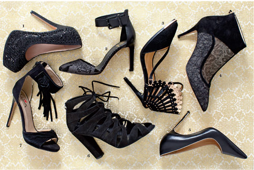 Back in Black Dark, dramatic and lush with embellishment— black casts a bewitching allure for evening. 1. Blossom platform pump with black crystals  2. Ankle strap pump by Elliott Lucca with animal print details  3. Ivy Kirzhner pony hair pump with cut-outs  4. Bionda Castana lace bootie  5. Black pump by Badgley Mischka  6. Delman caged sandal  7. Luichiny stiletto with fringe tassel.