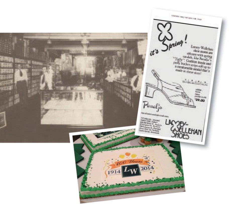 Time sure flies: opening day at the Lewiston store in March 1914; a newspaper ad from April 1981; 100th anniversary cake.