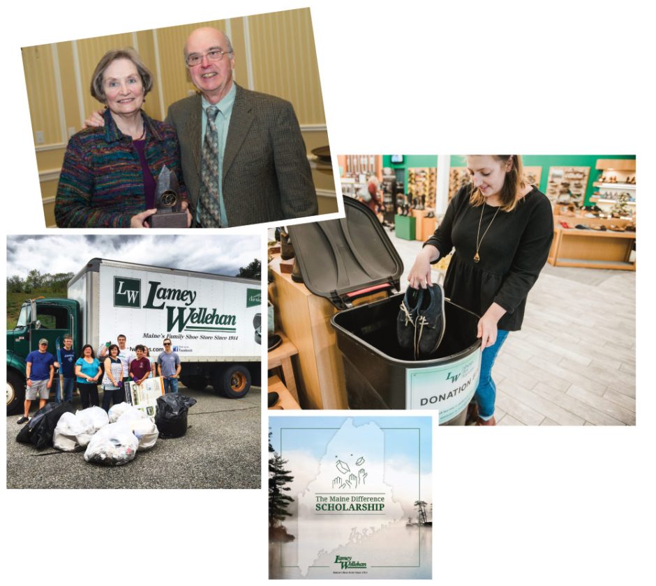 Clockwise from top left: Kathy and Jim Wellehan; collecting shoes for those in need; scholarship program; employees pich in on local trash pickup.