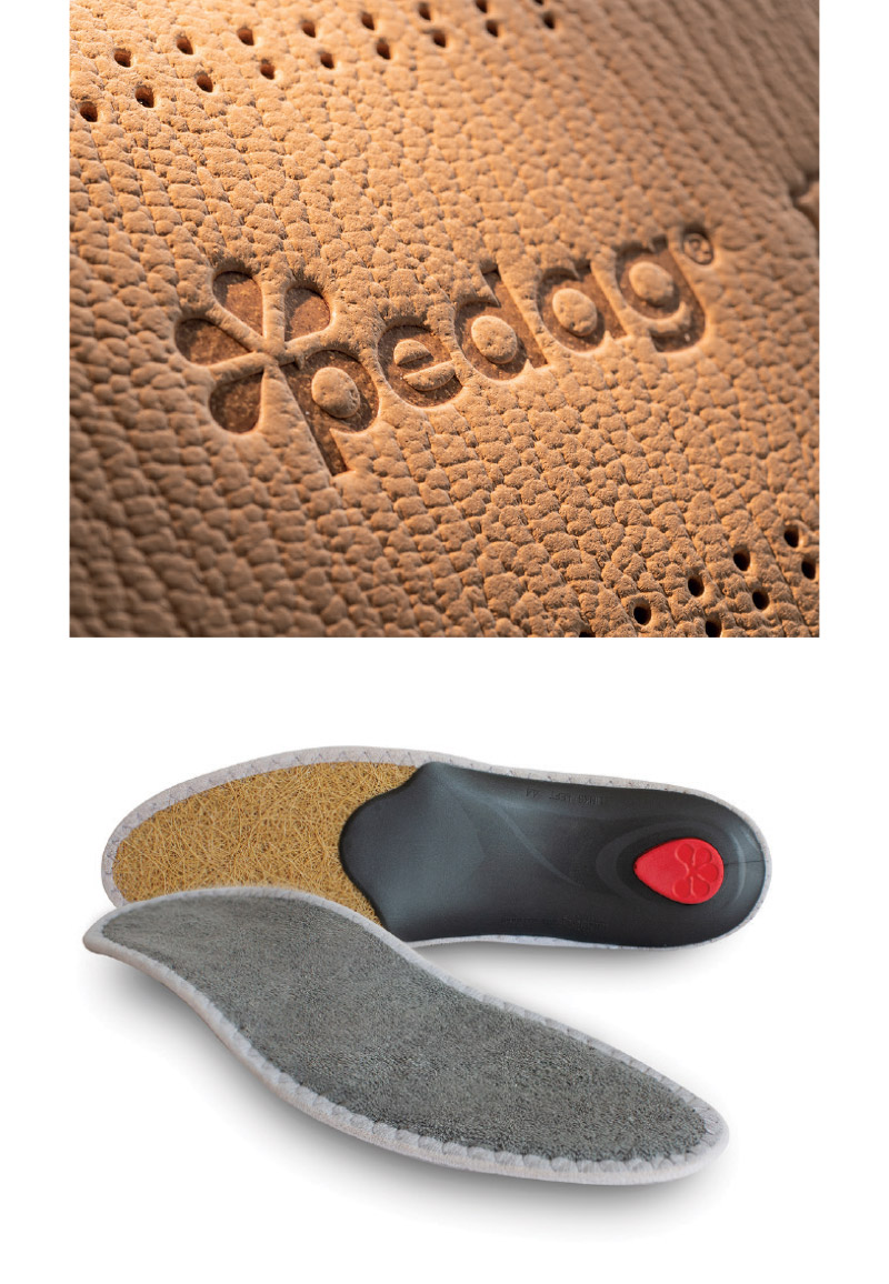 Pedag’s new hot stamp logo process greatly reduces waste; the Viva Summer insole combines a natural bamboo terry upper and cushioning made of sisal fibers.